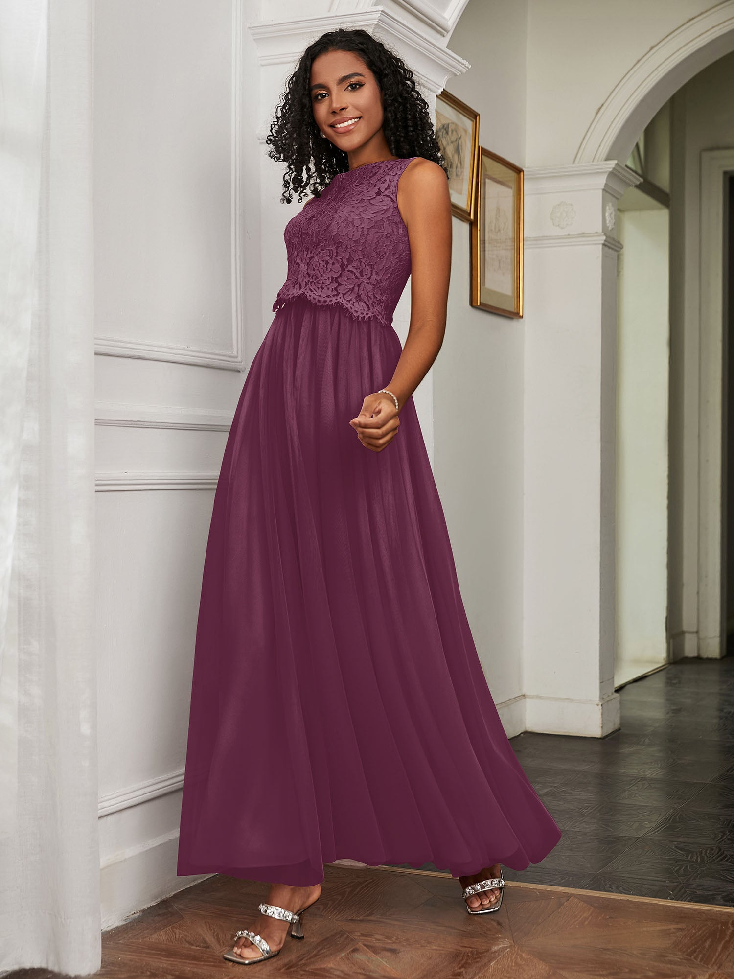 A-Line Jewel Neckline Tulle Dress Mulberry